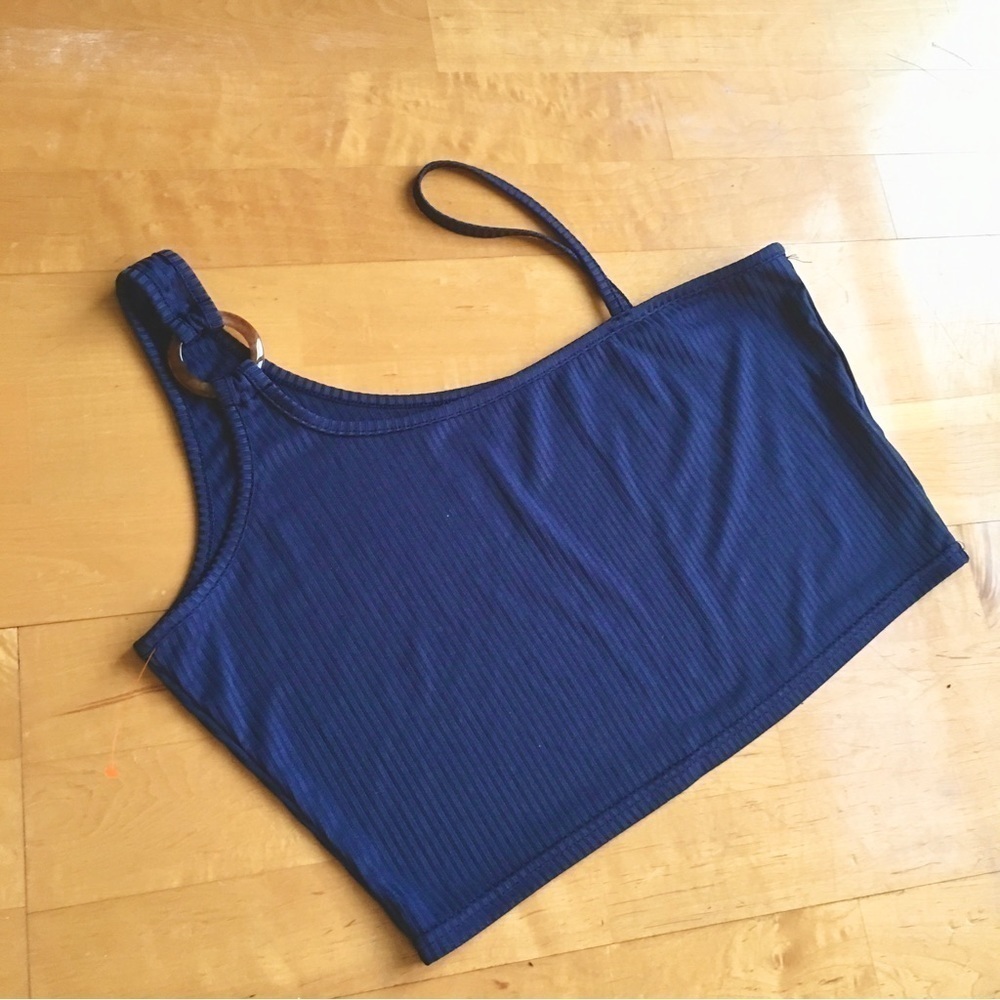 SHEIN Asymmetrical Ribbed Crop Top, Navy Blue, Size L